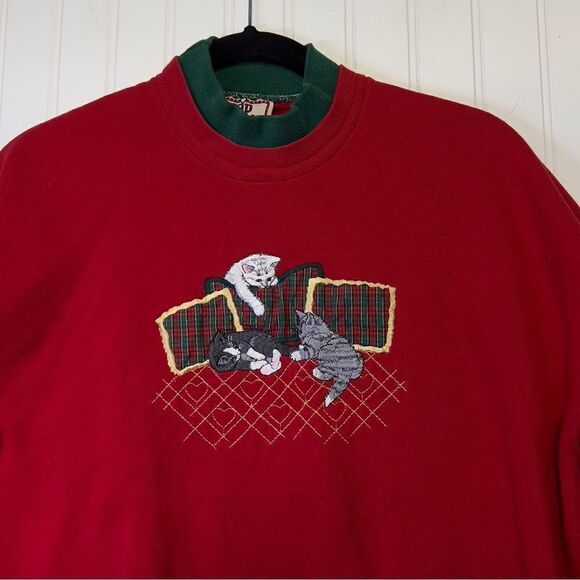 Vintage 90s Top Stitch Red Christmas Cat Kitten Plaid Mock Neck Sweatshirt M - Picture 1 of 11